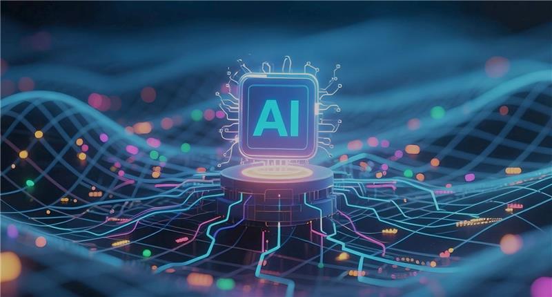 AI processor chip with glowing circuits and vibrant digital data waves in a futuristic style.